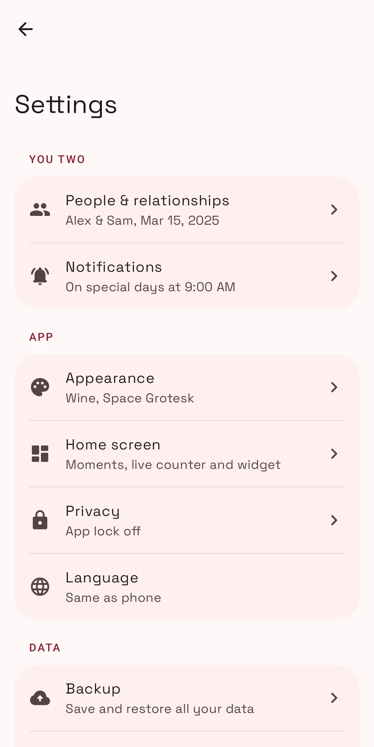 Settings with appearance, privacy and backup